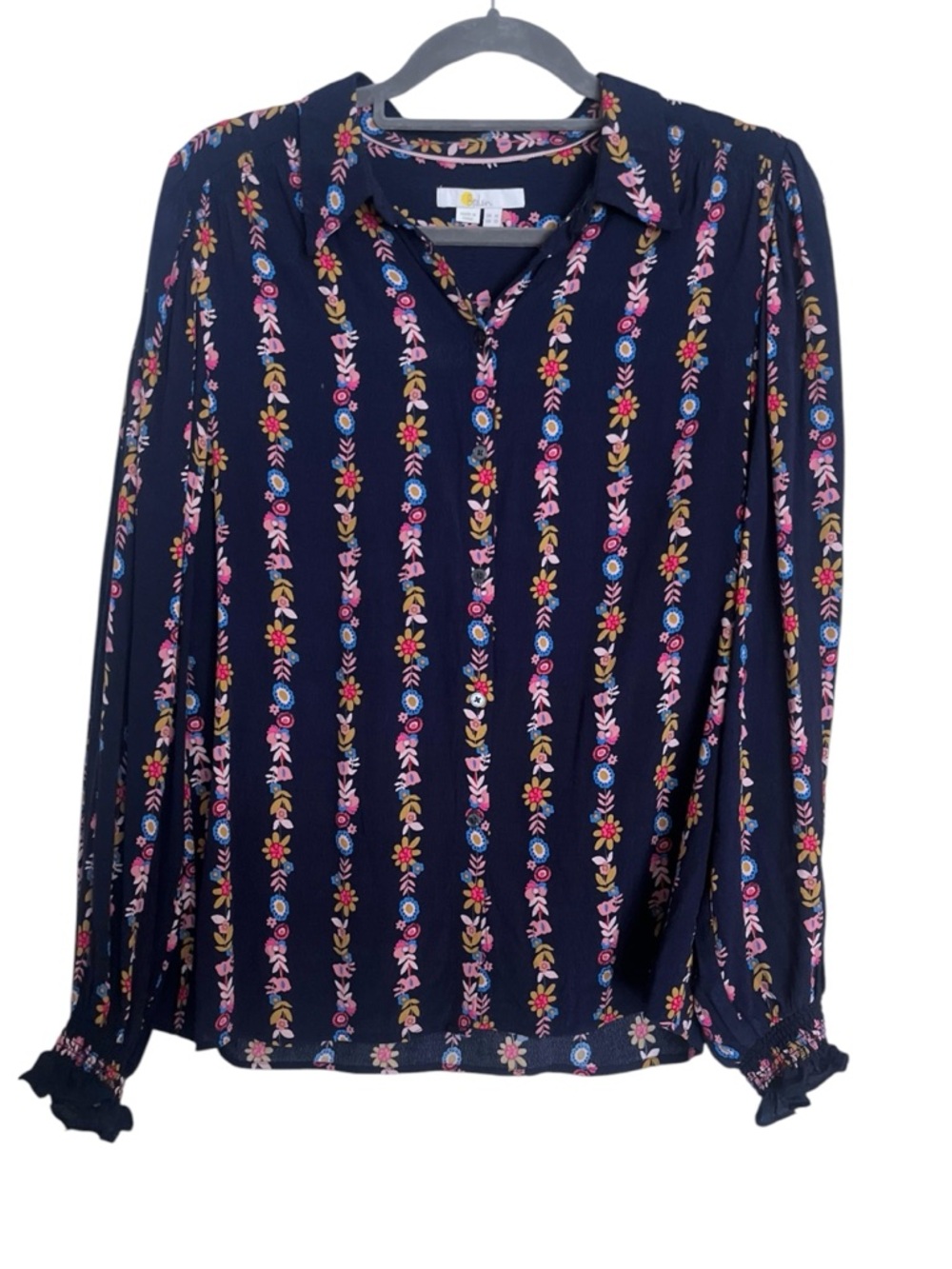 Boden Striped Retro Floral Button Down Balloon Long Sleeve Blouse Top SZ 10
